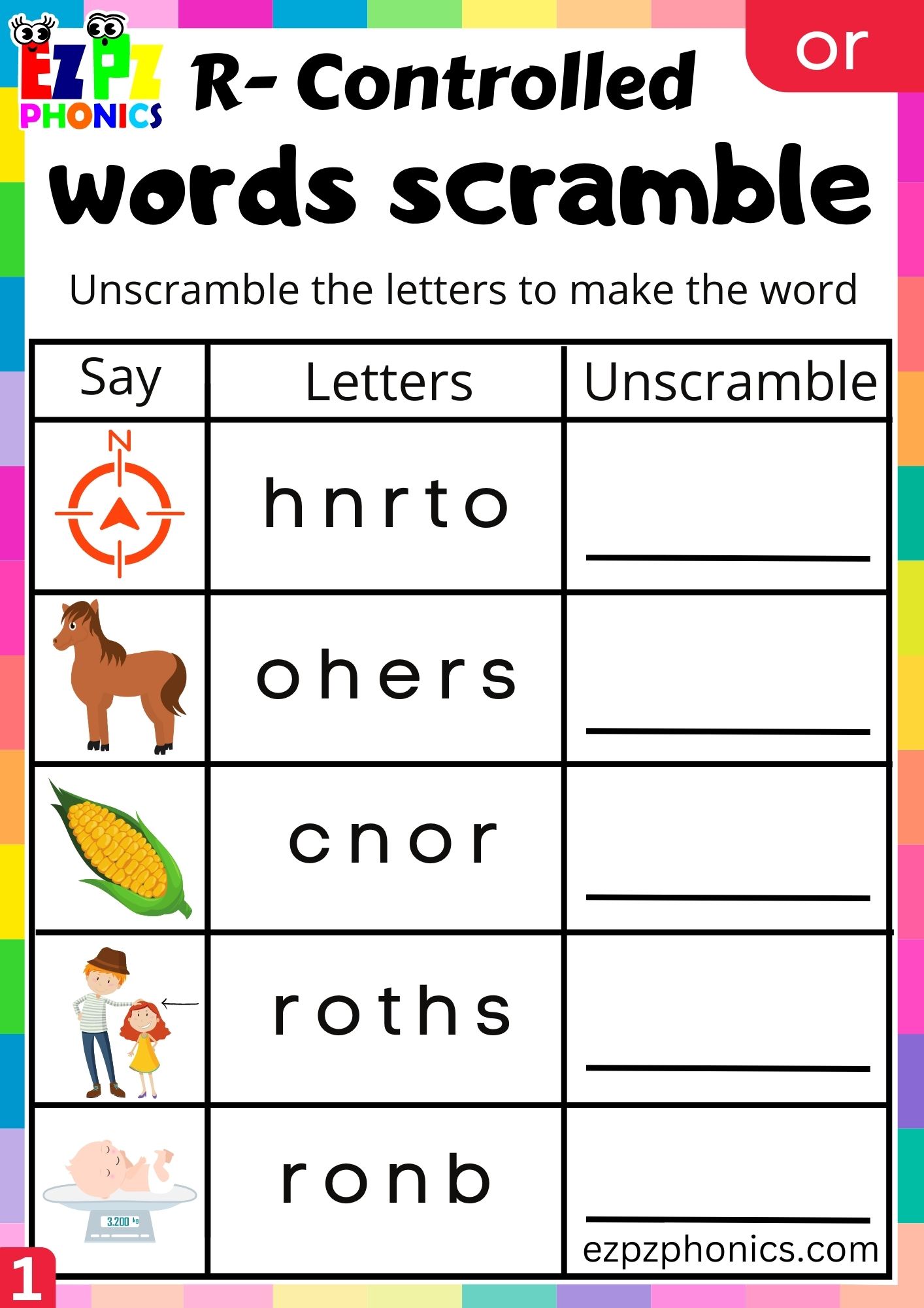 Word scramble worksheet or words R Controlled Vowels Phonics group 1